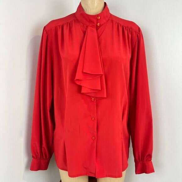 Vintage 80s Elite Women's 18 Red Long Sleeve Regal Ruffled Button Down Shirt Top - Picture 1 of 15